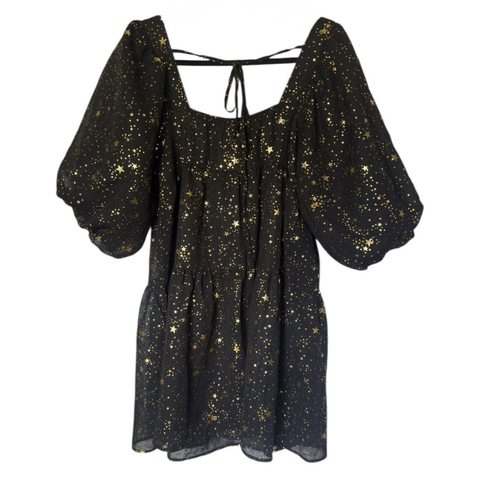 Nasty Gal Mini Dress‎ Black Gold Star Puff Sleeve Square Neck Celestial Boho